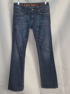 Rock Revival Womens Sz 31 Denim Dark Wash Flap Pockets Gwen Boot Jeans